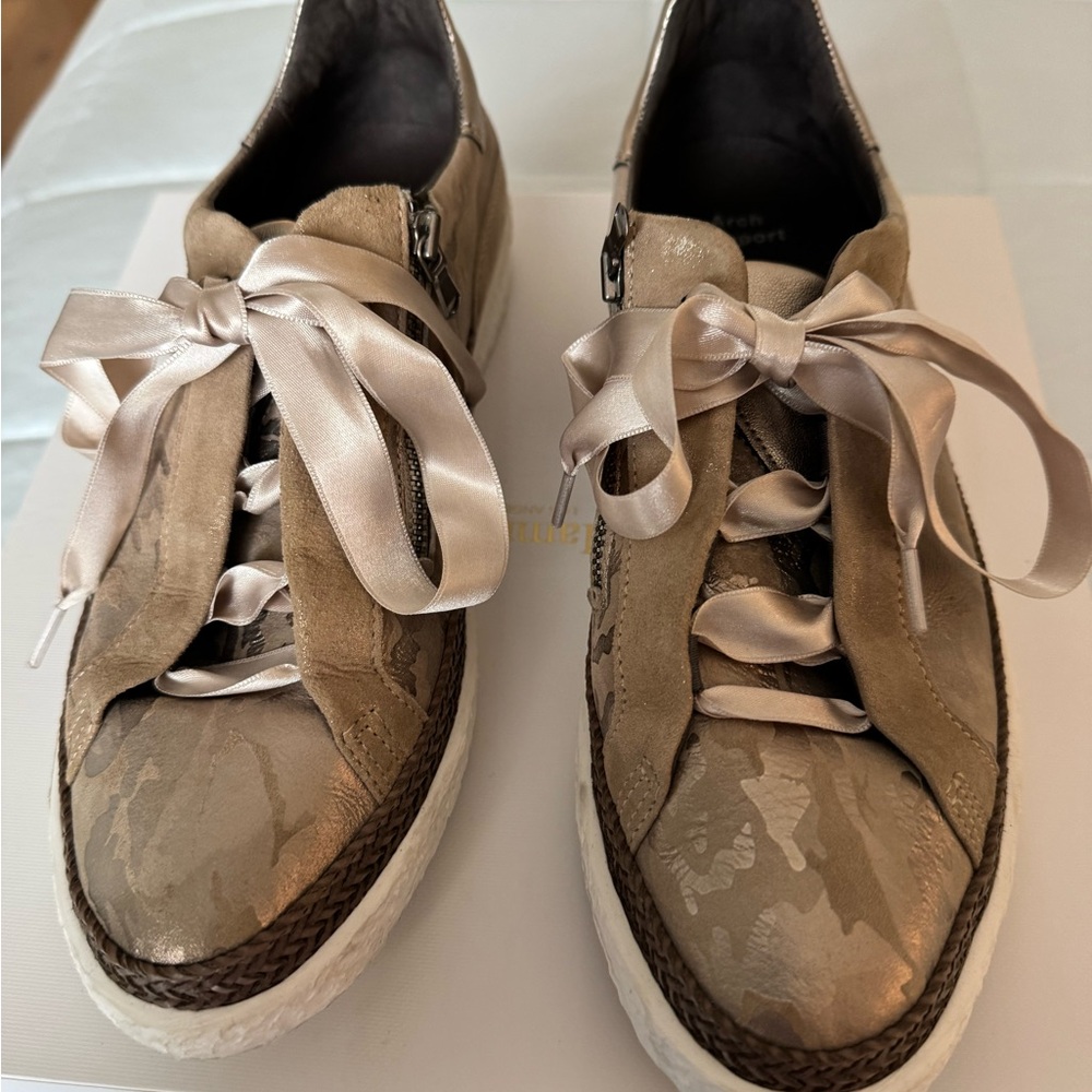 Softwaves metallic leopard print sneaker with satin ties and side zipper